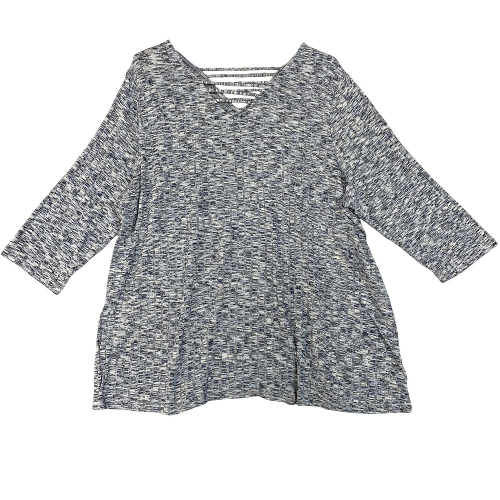 Catherines Women's 1X Blue Gray Lattice Back Tunic Top Rayon Blend 3/4 Sleeve